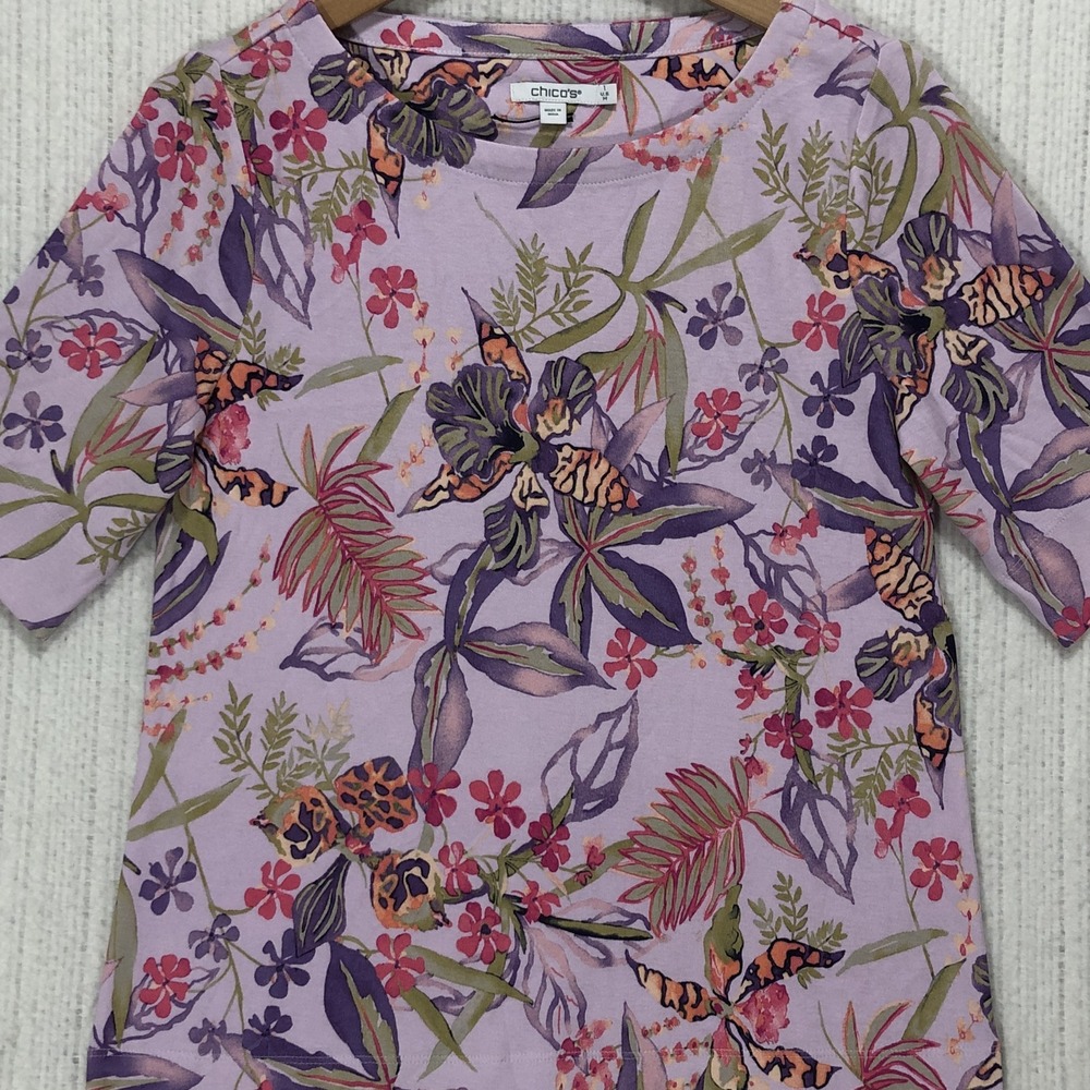 Chicos Pima Cotton Tropical Floral Boat Neck Elbow Sleeve Top Purple Size 1 M